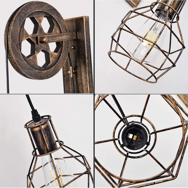 Alt view image 4 of 14 - KUNGHEYFATCHOY 1 Light Fixture Industrial Mid Century Retro Iron Wall Lights Lift Pulley Wall Lamp Features The Matte Iron Cage Lamp Shade for Indoor Lighting Barn Restaurant (Rust Color)