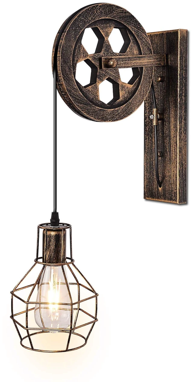 Main image of KUNGHEYFATCHOY 1 Light Fixture Industrial Mid Century Retro Iron Wall Lights Lift Pulley Wall Lamp Features The Matte Iron Cage Lamp Shade for Indoor Lighting Barn Restaurant (Rust Color)