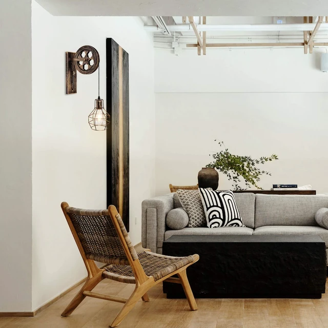 Alt view image 5 of 14 - KUNGHEYFATCHOY 1 Light Fixture Industrial Mid Century Retro Iron Wall Lights Lift Pulley Wall Lamp Features The Matte Iron Cage Lamp Shade for Indoor Lighting Barn Restaurant (Rust Color)