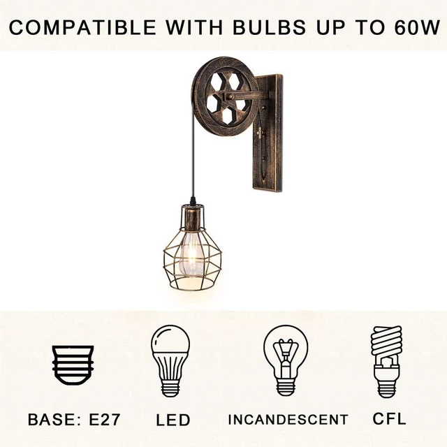 Alt view image 3 of 14 - KUNGHEYFATCHOY 1 Light Fixture Industrial Mid Century Retro Iron Wall Lights Lift Pulley Wall Lamp Features The Matte Iron Cage Lamp Shade for Indoor Lighting Barn Restaurant (Rust Color)