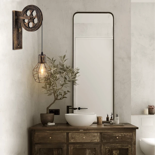 Alt view image 6 of 14 - KUNGHEYFATCHOY 1 Light Fixture Industrial Mid Century Retro Iron Wall Lights Lift Pulley Wall Lamp Features The Matte Iron Cage Lamp Shade for Indoor Lighting Barn Restaurant (Rust Color)