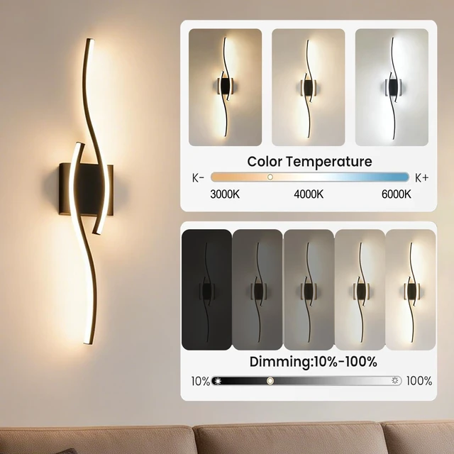 Alt view image 4 of 14 - Amansour Hardwired Modern Wall Sconces Set of 2, 39.3 Inch 3CCT Dimmable LED Wall Lamps for Bedroom with Remote, Timer & Night Mode, Black Wall Lights for Hallway Living Room TV Wall Decor