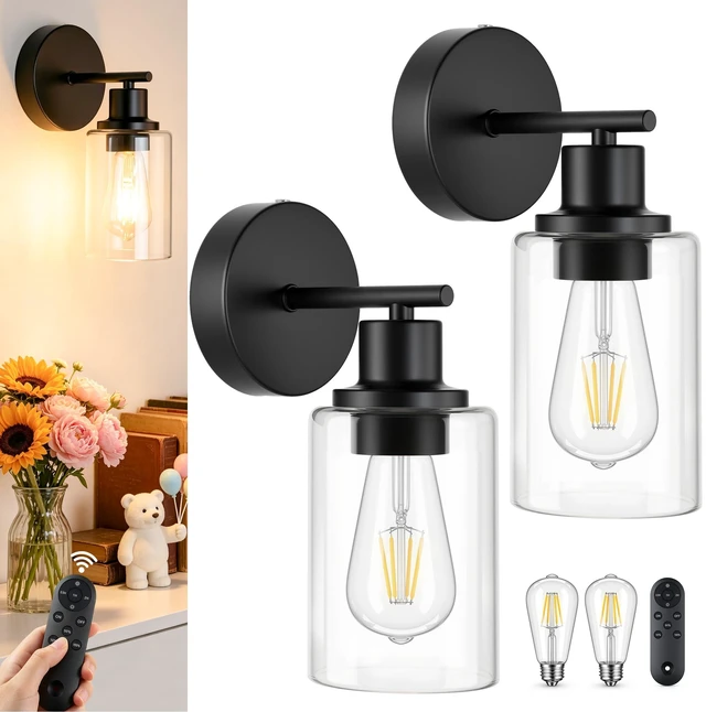 Main image of MATAMEYE Battery Operated Wall Sconce Set of 2, Rechargeable Wall Lights | Black Wireless Wall Mount Lights 3200K Bulbs, Touch & Remote Control, Clear Glass, Cordless Dimmable Indoor Lamp for Bedroom