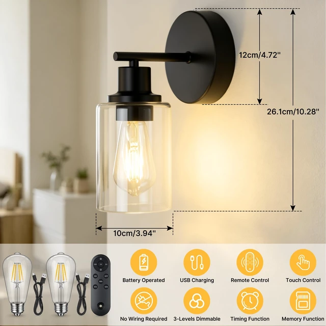 Alt view image 2 of 11 - MATAMEYE Battery Operated Wall Sconce Set of 2, Rechargeable Wall Lights | Black Wireless Wall Mount Lights 3200K Bulbs, Touch & Remote Control, Clear Glass, Cordless Dimmable Indoor Lamp for Bedroom