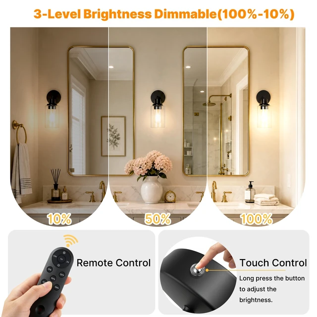 Alt view image 3 of 11 - MATAMEYE Battery Operated Wall Sconce Set of 2, Rechargeable Wall Lights | Black Wireless Wall Mount Lights 3200K Bulbs, Touch & Remote Control, Clear Glass, Cordless Dimmable Indoor Lamp for Bedroom