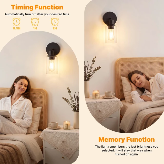 Alt view image 4 of 11 - MATAMEYE Battery Operated Wall Sconce Set of 2, Rechargeable Wall Lights | Black Wireless Wall Mount Lights 3200K Bulbs, Touch & Remote Control, Clear Glass, Cordless Dimmable Indoor Lamp for Bedroom