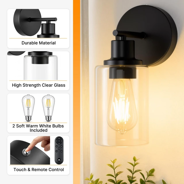Alt view image 5 of 11 - MATAMEYE Battery Operated Wall Sconce Set of 2, Rechargeable Wall Lights | Black Wireless Wall Mount Lights 3200K Bulbs, Touch & Remote Control, Clear Glass, Cordless Dimmable Indoor Lamp for Bedroom