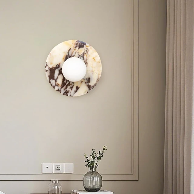 Alt view image 2 of 14 - Alabaster Wall Sconces, 7.8 Inch Nordic Style Natural Stone Wall Lamp Round Marble Sconces Wall Lighting with Globe Glass Shade, Hardwired Indoor Wall Lights for Living Room Bedroom Hallway Stairs