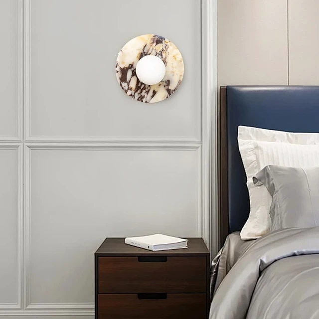 Alt view image 3 of 14 - Alabaster Wall Sconces, 7.8 Inch Nordic Style Natural Stone Wall Lamp Round Marble Sconces Wall Lighting with Globe Glass Shade, Hardwired Indoor Wall Lights for Living Room Bedroom Hallway Stairs