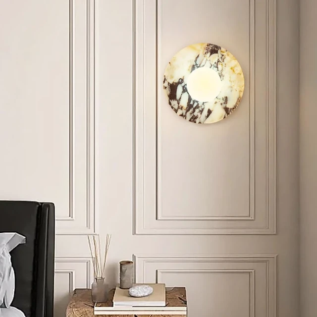 Alt view image 5 of 14 - Alabaster Wall Sconces, 7.8 Inch Nordic Style Natural Stone Wall Lamp Round Marble Sconces Wall Lighting with Globe Glass Shade, Hardwired Indoor Wall Lights for Living Room Bedroom Hallway Stairs