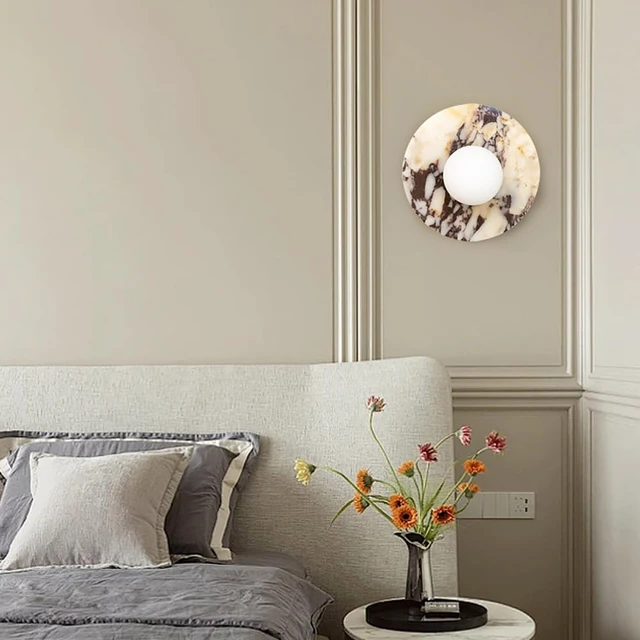Alt view image 6 of 14 - Alabaster Wall Sconces, 7.8 Inch Nordic Style Natural Stone Wall Lamp Round Marble Sconces Wall Lighting with Globe Glass Shade, Hardwired Indoor Wall Lights for Living Room Bedroom Hallway Stairs