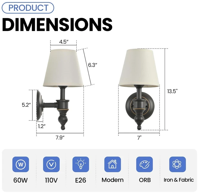 Alt view image 5 of 14 - Smeike Wall Sconces Set of 2, Modern Wall Lamps for Bedroom, Sconces Wall Light Fixture with Beige Fabric Shade, Indoor Wall Mounted Lamps for Living Room Hallway Kitchen, ORB Finish