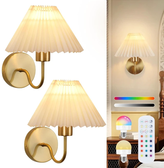 Main image of ADISUN Wall Sconces Sets of 2 RGB Battery Operated Wall Sconces for Bedroom Dresser Classic Golden Wall Lamp with Remote for Living Room Bathroom Dining Room Corridor Staircase (2 Bulbs Included)