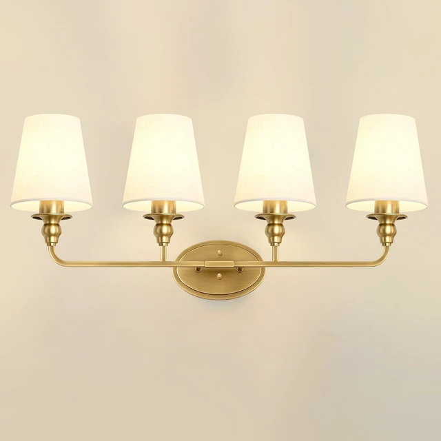 Main image of Onwecen Brushed Gold Bathroom Vanity Light, Modern Bathroom Light Fixtures, 4 Light Bathroom Lighting Fixtures Over Mirror, with Fabric Lampshade, E26 Socket ETL Listed, Easy to Install, 28-Inch