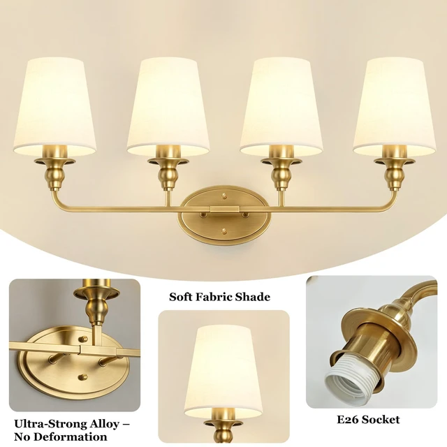 Alt view image 3 of 7 - Onwecen Brushed Gold Bathroom Vanity Light, Modern Bathroom Light Fixtures, 4 Light Bathroom Lighting Fixtures Over Mirror, with Fabric Lampshade, E26 Socket ETL Listed, Easy to Install, 28-Inch
