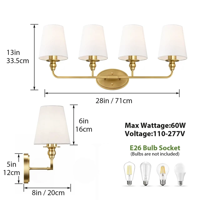 Alt view image 2 of 7 - Onwecen Brushed Gold Bathroom Vanity Light, Modern Bathroom Light Fixtures, 4 Light Bathroom Lighting Fixtures Over Mirror, with Fabric Lampshade, E26 Socket ETL Listed, Easy to Install, 28-Inch