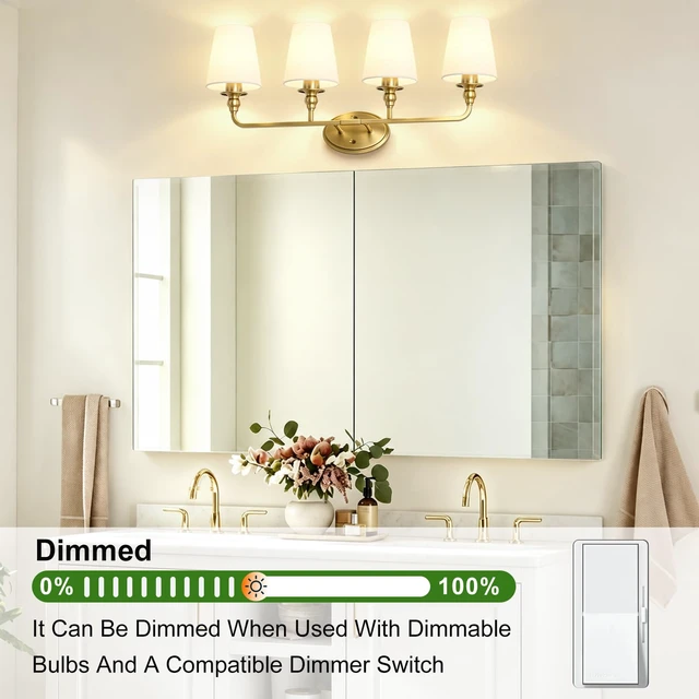 Alt view image 5 of 7 - Onwecen Brushed Gold Bathroom Vanity Light, Modern Bathroom Light Fixtures, 4 Light Bathroom Lighting Fixtures Over Mirror, with Fabric Lampshade, E26 Socket ETL Listed, Easy to Install, 28-Inch