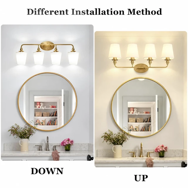 Alt view image 6 of 7 - Onwecen Brushed Gold Bathroom Vanity Light, Modern Bathroom Light Fixtures, 4 Light Bathroom Lighting Fixtures Over Mirror, with Fabric Lampshade, E26 Socket ETL Listed, Easy to Install, 28-Inch