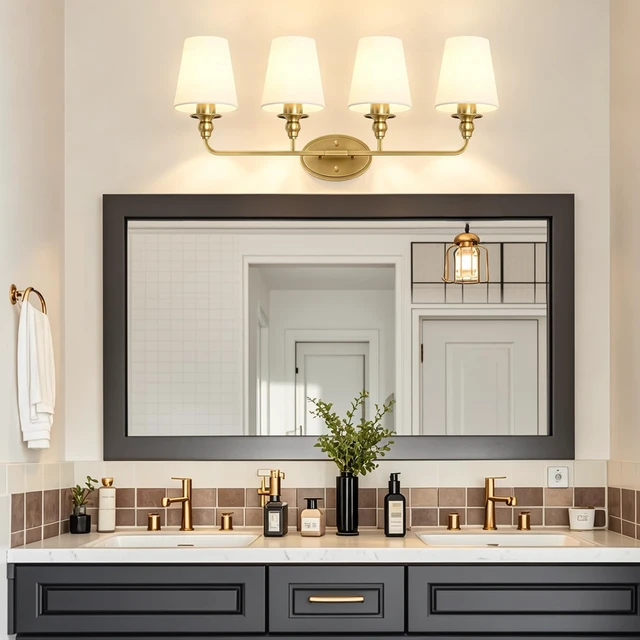 Alt view image 7 of 7 - Onwecen Brushed Gold Bathroom Vanity Light, Modern Bathroom Light Fixtures, 4 Light Bathroom Lighting Fixtures Over Mirror, with Fabric Lampshade, E26 Socket ETL Listed, Easy to Install, 28-Inch