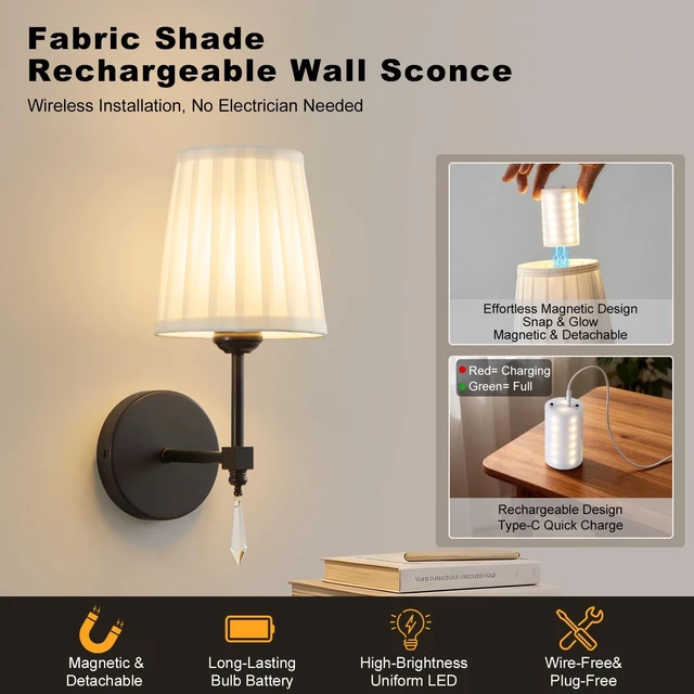 Alt view image 2 of 7 - Black Battery Operated Wall Sconce,10000 Mah Rechargeable Wall Sconces set of 2 With Remote,3CCT and 12 RGB Sconces Battery Operated Dimmable,Fabric Sconces Wall Decor Set of 2 for Bedroom,Living Room