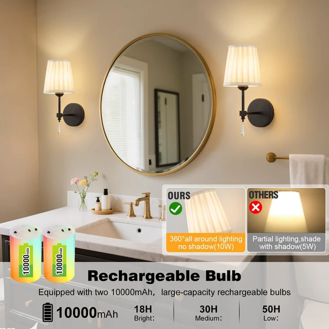 Alt view image 3 of 7 - Black Battery Operated Wall Sconce,10000 Mah Rechargeable Wall Sconces set of 2 With Remote,3CCT and 12 RGB Sconces Battery Operated Dimmable,Fabric Sconces Wall Decor Set of 2 for Bedroom,Living Room