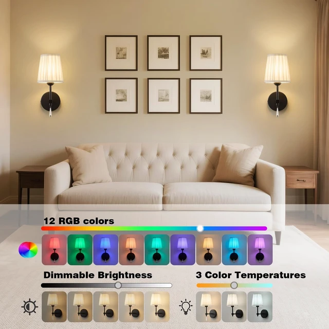 Alt view image 5 of 7 - Black Battery Operated Wall Sconce,10000 Mah Rechargeable Wall Sconces set of 2 With Remote,3CCT and 12 RGB Sconces Battery Operated Dimmable,Fabric Sconces Wall Decor Set of 2 for Bedroom,Living Room