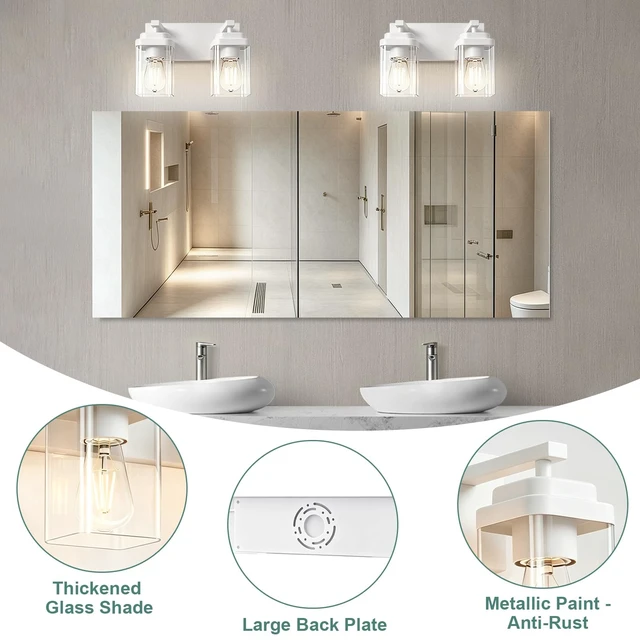 Alt view image 2 of 7 - LKHF White Bathroom Light Fixtures, 2 Lights Bathroom Lighting Fixtures Over Mirror, Square Design & Rectangle Large Backplate, Modern Vanity Lighting Fixtures, for Bathroom/Living Room/Bedroom