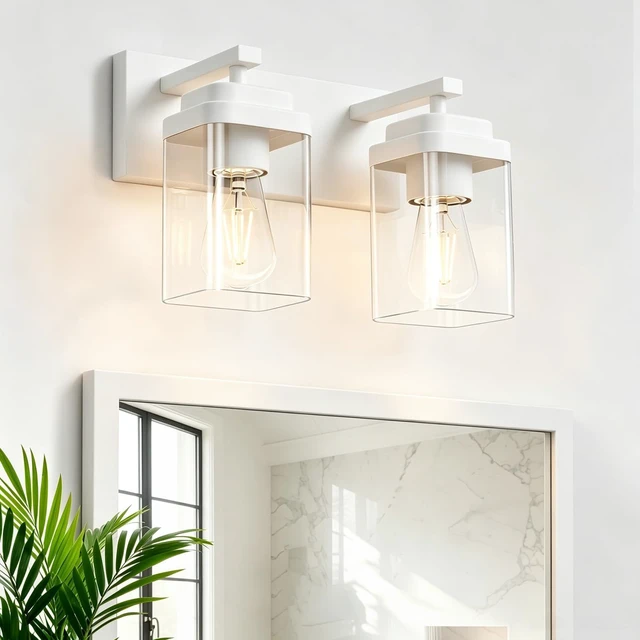 Main image of LKHF White Bathroom Light Fixtures, 2 Lights Bathroom Lighting Fixtures Over Mirror, Square Design & Rectangle Large Backplate, Modern Vanity Lighting Fixtures, for Bathroom/Living Room/Bedroom