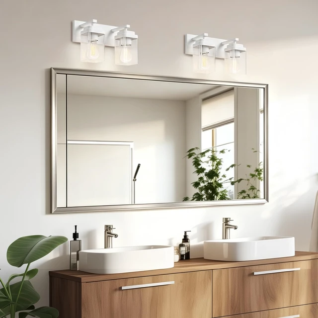 Alt view image 3 of 7 - LKHF White Bathroom Light Fixtures, 2 Lights Bathroom Lighting Fixtures Over Mirror, Square Design & Rectangle Large Backplate, Modern Vanity Lighting Fixtures, for Bathroom/Living Room/Bedroom
