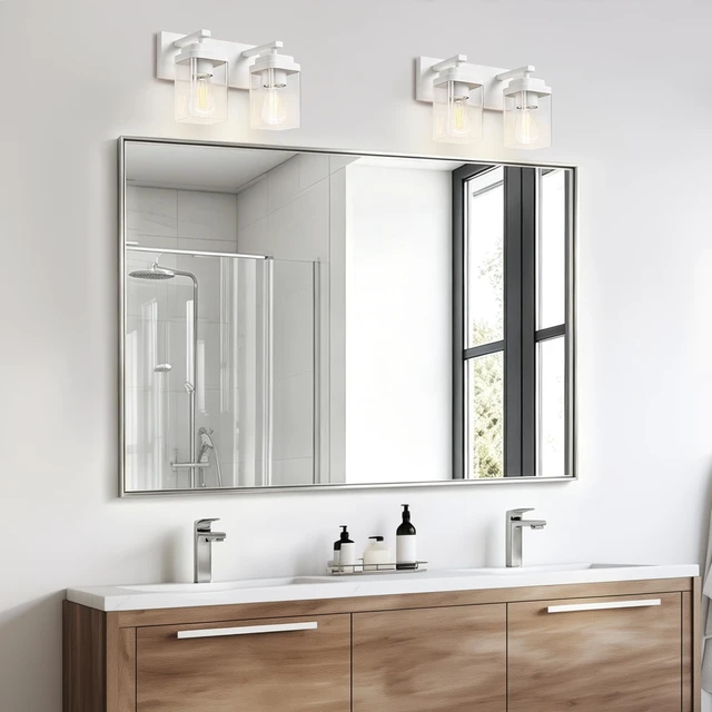 Alt view image 5 of 7 - LKHF White Bathroom Light Fixtures, 2 Lights Bathroom Lighting Fixtures Over Mirror, Square Design & Rectangle Large Backplate, Modern Vanity Lighting Fixtures, for Bathroom/Living Room/Bedroom