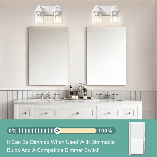 Alt view image 7 of 7 - LKHF White Bathroom Light Fixtures, 2 Lights Bathroom Lighting Fixtures Over Mirror, Square Design & Rectangle Large Backplate, Modern Vanity Lighting Fixtures, for Bathroom/Living Room/Bedroom