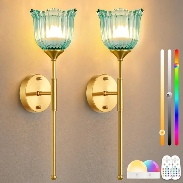 Main image of Vintage Battery Operated Wall Sconce Set of 2 (Blue, Long Arm) | Wireless, Magnetic Rechargeable Bulb, Remote, Timer, Dimmable, 3 Color Temperatures, 12 RGB, Bedroom, Living Room, Hallway