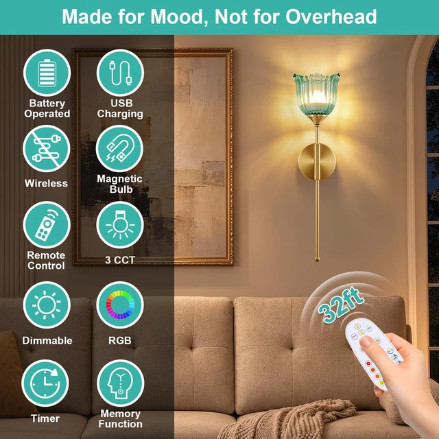 Alt view image 2 of 7 - Vintage Battery Operated Wall Sconce Set of 2 (Blue, Long Arm) | Wireless, Magnetic Rechargeable Bulb, Remote, Timer, Dimmable, 3 Color Temperatures, 12 RGB, Bedroom, Living Room, Hallway