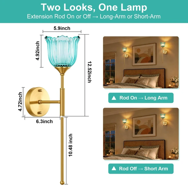 Alt view image 3 of 7 - Vintage Battery Operated Wall Sconce Set of 2 (Blue, Long Arm) | Wireless, Magnetic Rechargeable Bulb, Remote, Timer, Dimmable, 3 Color Temperatures, 12 RGB, Bedroom, Living Room, Hallway