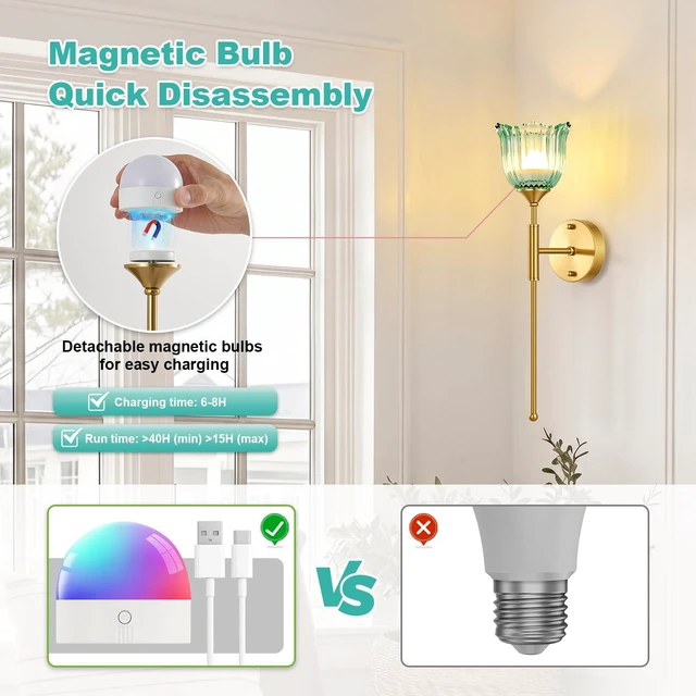 Alt view image 4 of 7 - Vintage Battery Operated Wall Sconce Set of 2 (Blue, Long Arm) | Wireless, Magnetic Rechargeable Bulb, Remote, Timer, Dimmable, 3 Color Temperatures, 12 RGB, Bedroom, Living Room, Hallway
