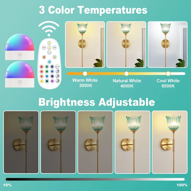 Alt view image 5 of 7 - Vintage Battery Operated Wall Sconce Set of 2 (Blue, Long Arm) | Wireless, Magnetic Rechargeable Bulb, Remote, Timer, Dimmable, 3 Color Temperatures, 12 RGB, Bedroom, Living Room, Hallway