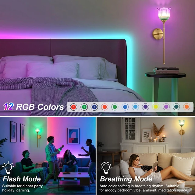 Alt view image 6 of 7 - Vintage Battery Operated Wall Sconce Set of 2 (Blue, Long Arm) | Wireless, Magnetic Rechargeable Bulb, Remote, Timer, Dimmable, 3 Color Temperatures, 12 RGB, Bedroom, Living Room, Hallway