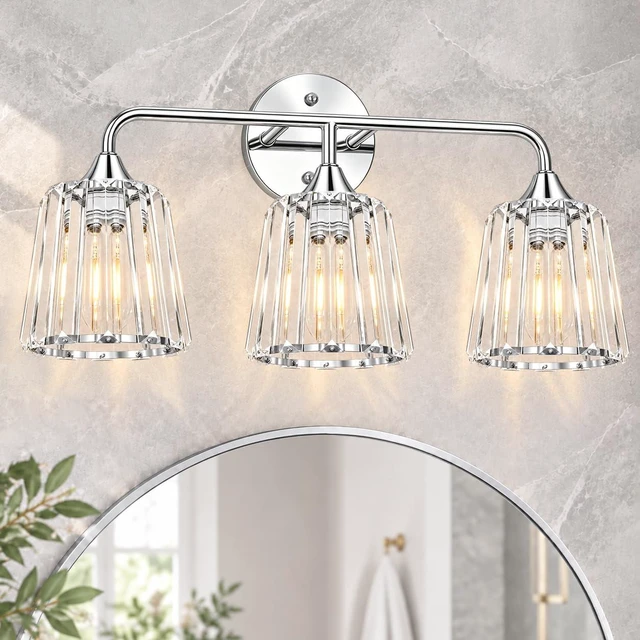 Main image of Lxybcce 3-Light Bathroom Vanity Light Fixture, 19.7-in Chrome Wall Light with Clear Glass Crystal Shade, Modern Bathroom Light Over Mirror, Easy Installation & Dimmable Lighting, E26 Bulb