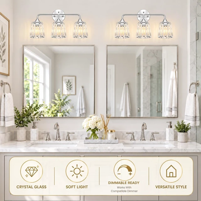 Alt view image 2 of 14 - Lxybcce 3-Light Bathroom Vanity Light Fixture, 19.7-in Chrome Wall Light with Clear Glass Crystal Shade, Modern Bathroom Light Over Mirror, Easy Installation & Dimmable Lighting, E26 Bulb
