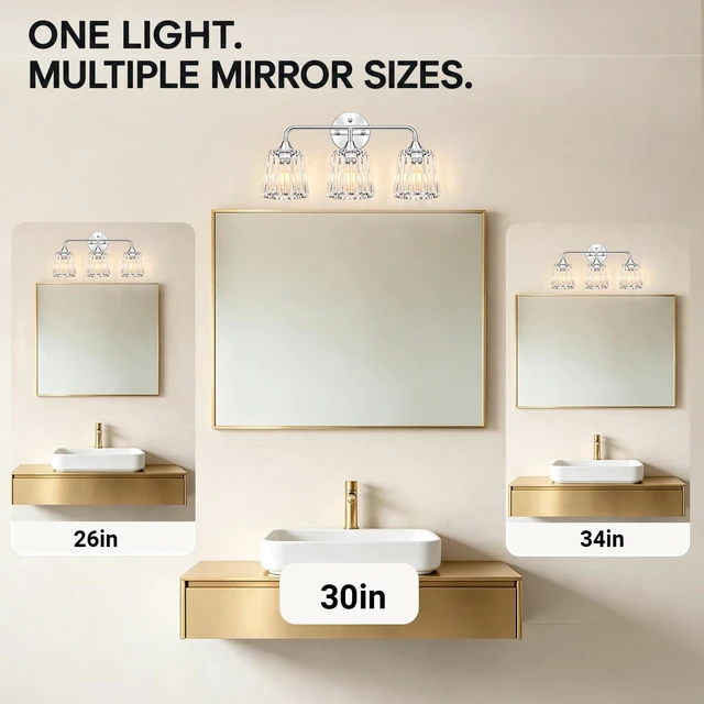 Alt view image 3 of 14 - Lxybcce 3-Light Bathroom Vanity Light Fixture, 19.7-in Chrome Wall Light with Clear Glass Crystal Shade, Modern Bathroom Light Over Mirror, Easy Installation & Dimmable Lighting, E26 Bulb