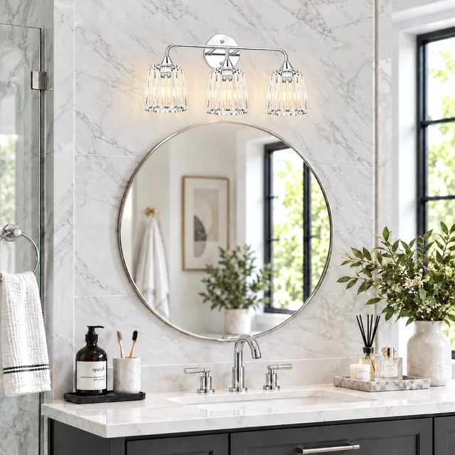 Alt view image 4 of 14 - Lxybcce 3-Light Bathroom Vanity Light Fixture, 19.7-in Chrome Wall Light with Clear Glass Crystal Shade, Modern Bathroom Light Over Mirror, Easy Installation & Dimmable Lighting, E26 Bulb