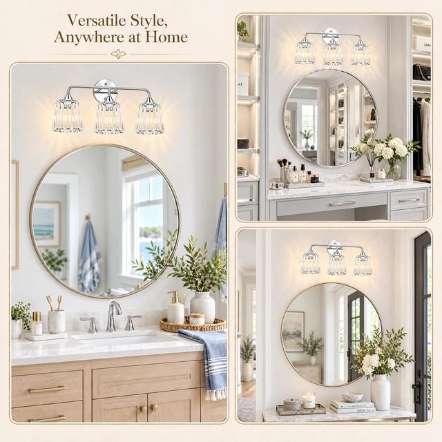 Alt view image 5 of 14 - Lxybcce 3-Light Bathroom Vanity Light Fixture, 19.7-in Chrome Wall Light with Clear Glass Crystal Shade, Modern Bathroom Light Over Mirror, Easy Installation & Dimmable Lighting, E26 Bulb