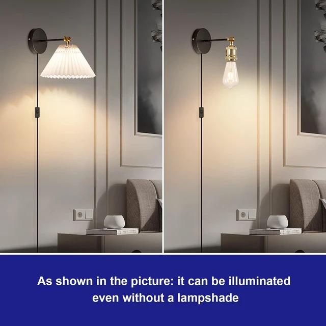 Alt view image 3 of 7 - Wall Sconce Plug in, white Plug in Wall Light Set of 2 Fixtures,Wall Lamp with Plug in Cord and On/Off Switch,, Adjustable Industrial Vintage E26 Wall Sconce for Reading Bedroom Hallway Living Room
