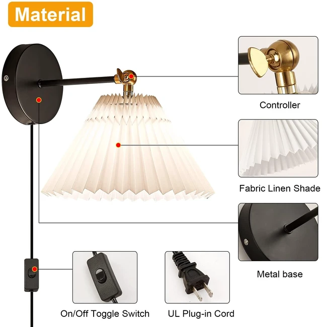 Alt view image 7 of 7 - Wall Sconce Plug in, white Plug in Wall Light Set of 2 Fixtures,Wall Lamp with Plug in Cord and On/Off Switch,, Adjustable Industrial Vintage E26 Wall Sconce for Reading Bedroom Hallway Living Room