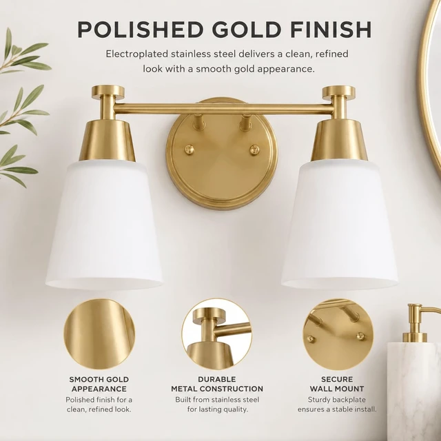 Alt view image 2 of 7 - SENKERFAN 2-Light Bathroom Vanity Light, Gold Finish with Milk Glass Shades, Over Mirror, for Bathroom Vanity
