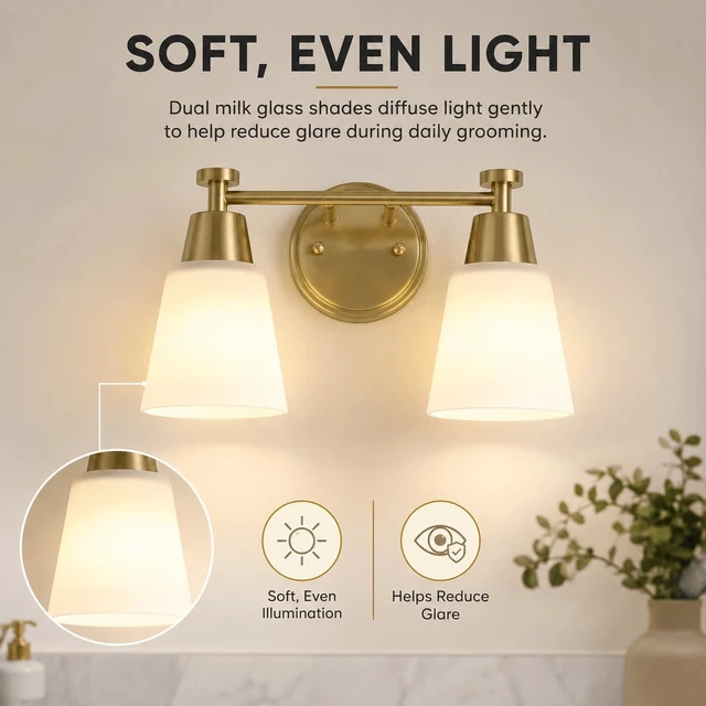 Alt view image 3 of 7 - SENKERFAN 2-Light Bathroom Vanity Light, Gold Finish with Milk Glass Shades, Over Mirror, for Bathroom Vanity