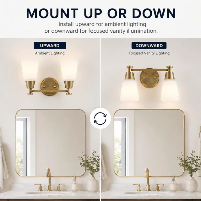 Alt view image 4 of 7 - SENKERFAN 2-Light Bathroom Vanity Light, Gold Finish with Milk Glass Shades, Over Mirror, for Bathroom Vanity