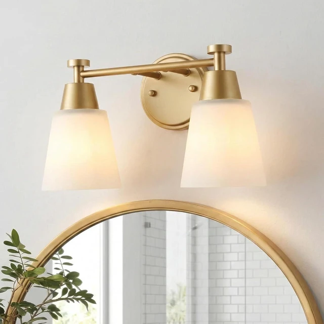 Main image of SENKERFAN 2-Light Bathroom Vanity Light, Gold Finish with Milk Glass Shades, Over Mirror, for Bathroom Vanity