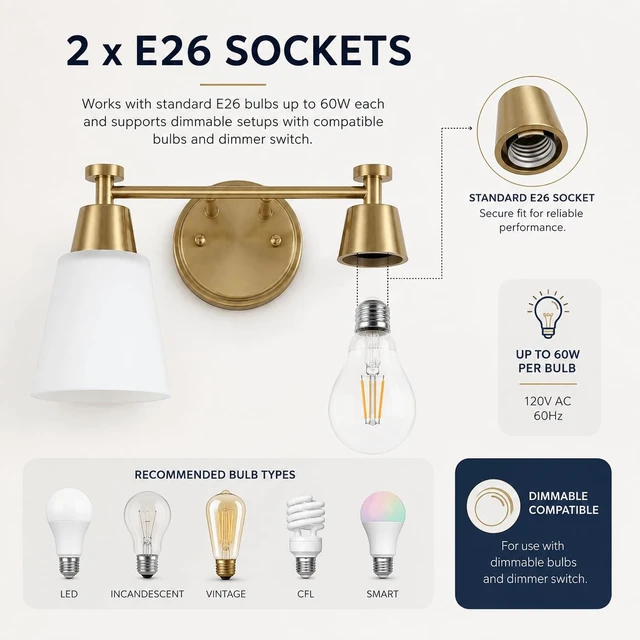 Alt view image 5 of 7 - SENKERFAN 2-Light Bathroom Vanity Light, Gold Finish with Milk Glass Shades, Over Mirror, for Bathroom Vanity