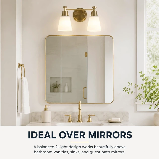 Alt view image 6 of 7 - SENKERFAN 2-Light Bathroom Vanity Light, Gold Finish with Milk Glass Shades, Over Mirror, for Bathroom Vanity